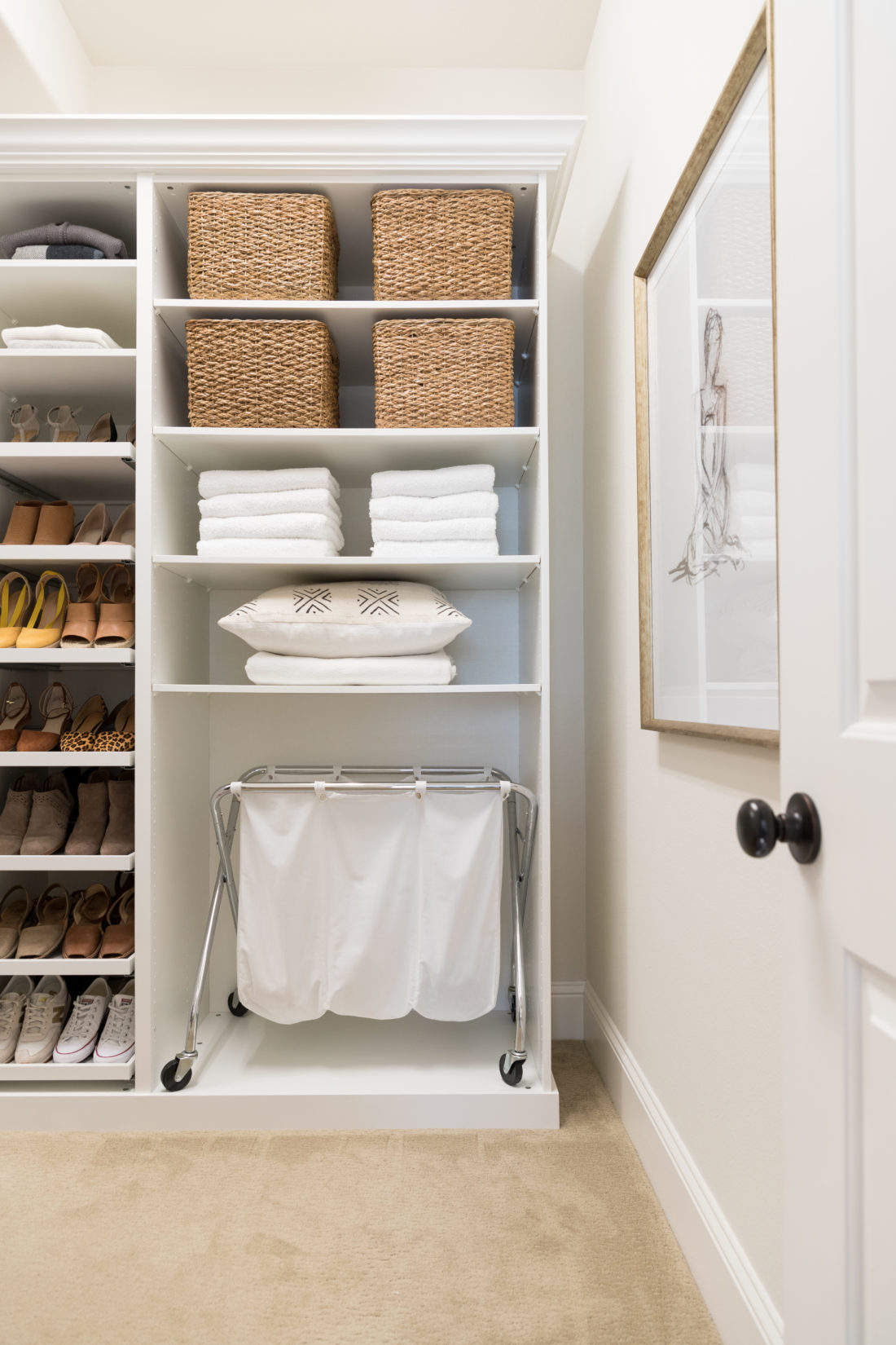 walk-in closet makeover, IKEA PAX wardrobes, linen closet with baskets