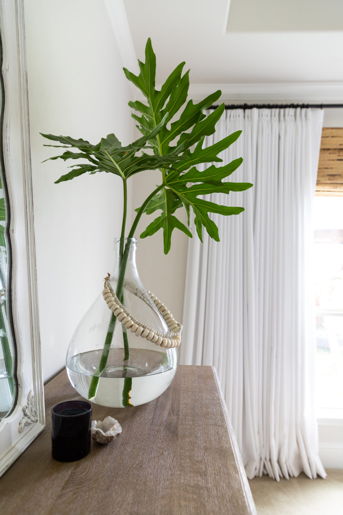 philodendron leaves, dresser styling ideas, white french pleat drapes, summer home tour 2019